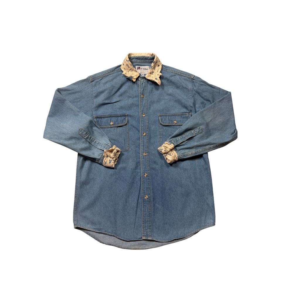 Vintage 90s Denim‎ Button Down Shirt Coquette Lace Collar Cuffs Oversized